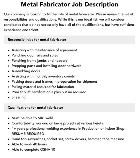 metal fabrication engineer job description|responsibilities of countertop fabricator.